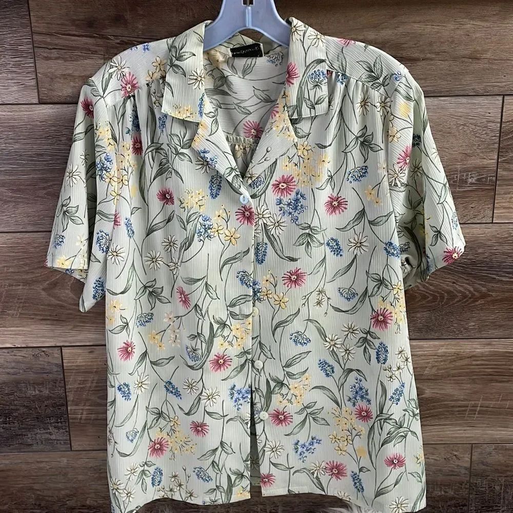 Bon Worth Button Down Floral Blouse , Green with Flowers